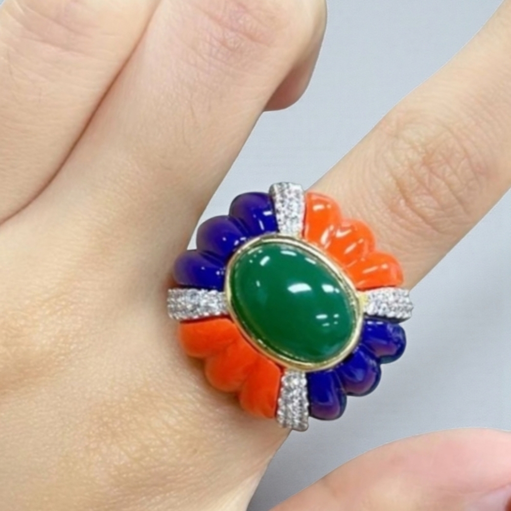 Green Center Multicolor Cocktail Ring with Orange and Purple Accents
